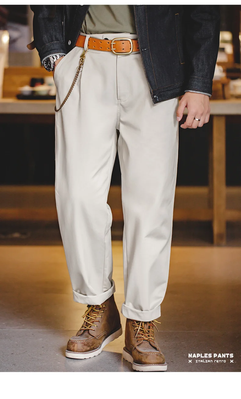 Maden Vintage Gentleman Naples Pants Korea Fashion Casual Paris Button Straight Wide Trousers 100% Cotton Solid Work Suit Pants