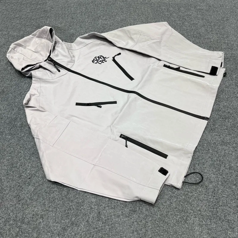 Men's Embroidered Waterproof Windbreaker Jacket Hooded Pocket Outdoor Hiking Full Zip Jacket Streetwear Casual Pullover Coat