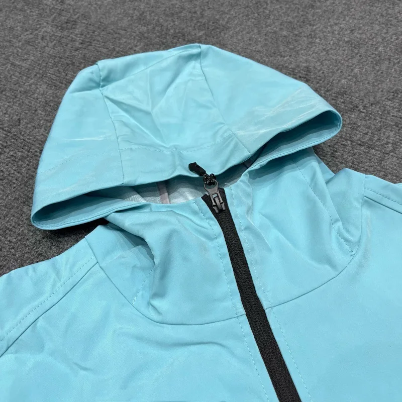 Men's Embroidered Waterproof Windbreaker Jacket Hooded Pocket Outdoor Hiking Full Zip Jacket Streetwear Casual Pullover Coat