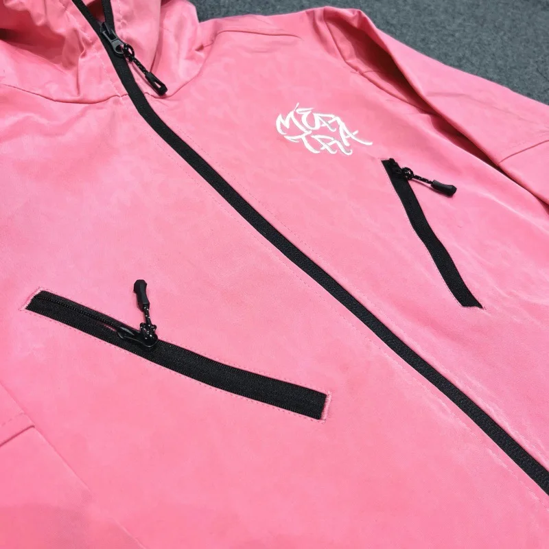 Men's Embroidered Waterproof Windbreaker Jacket Hooded Pocket Outdoor Hiking Full Zip Jacket Streetwear Casual Pullover Coat