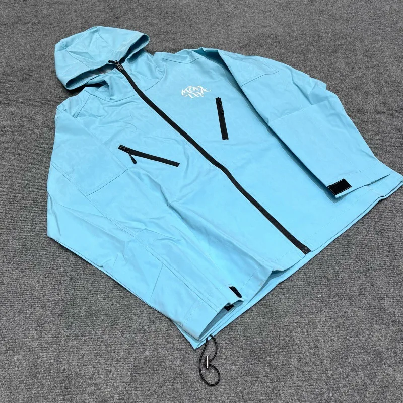 Men's Embroidered Waterproof Windbreaker Jacket Hooded Pocket Outdoor Hiking Full Zip Jacket Streetwear Casual Pullover Coat