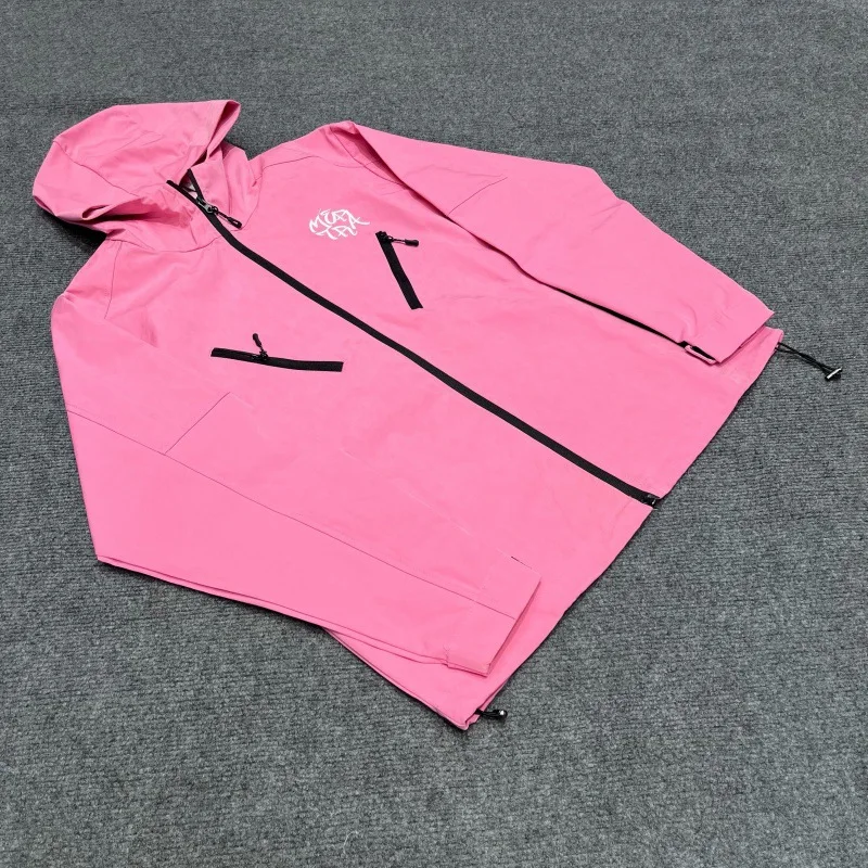 Men's Embroidered Waterproof Windbreaker Jacket Hooded Pocket Outdoor Hiking Full Zip Jacket Streetwear Casual Pullover Coat