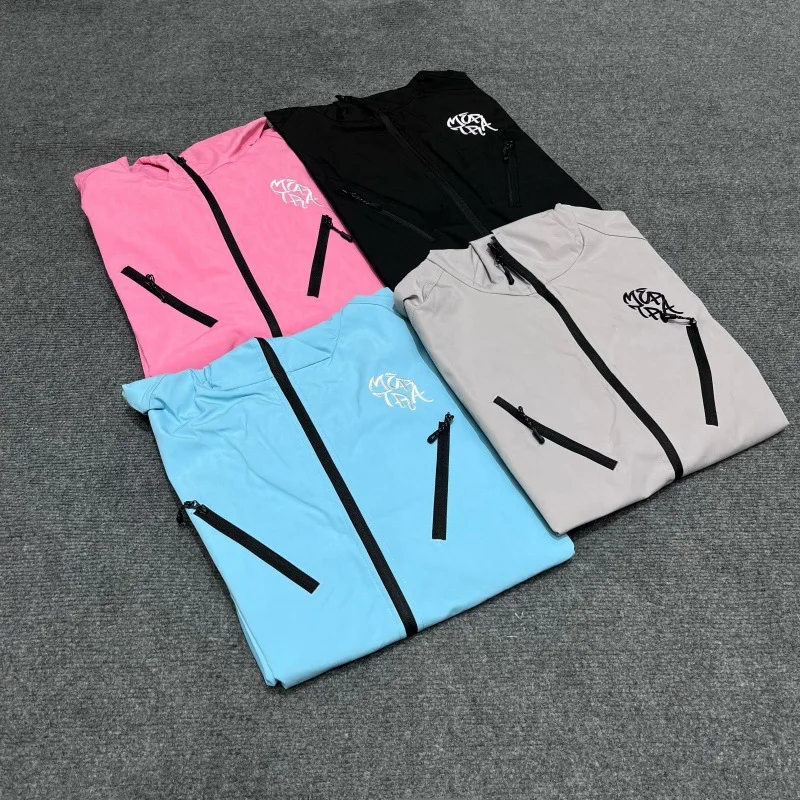 Men's Embroidered Waterproof Windbreaker Jacket Hooded Pocket Outdoor Hiking Full Zip Jacket Streetwear Casual Pullover Coat