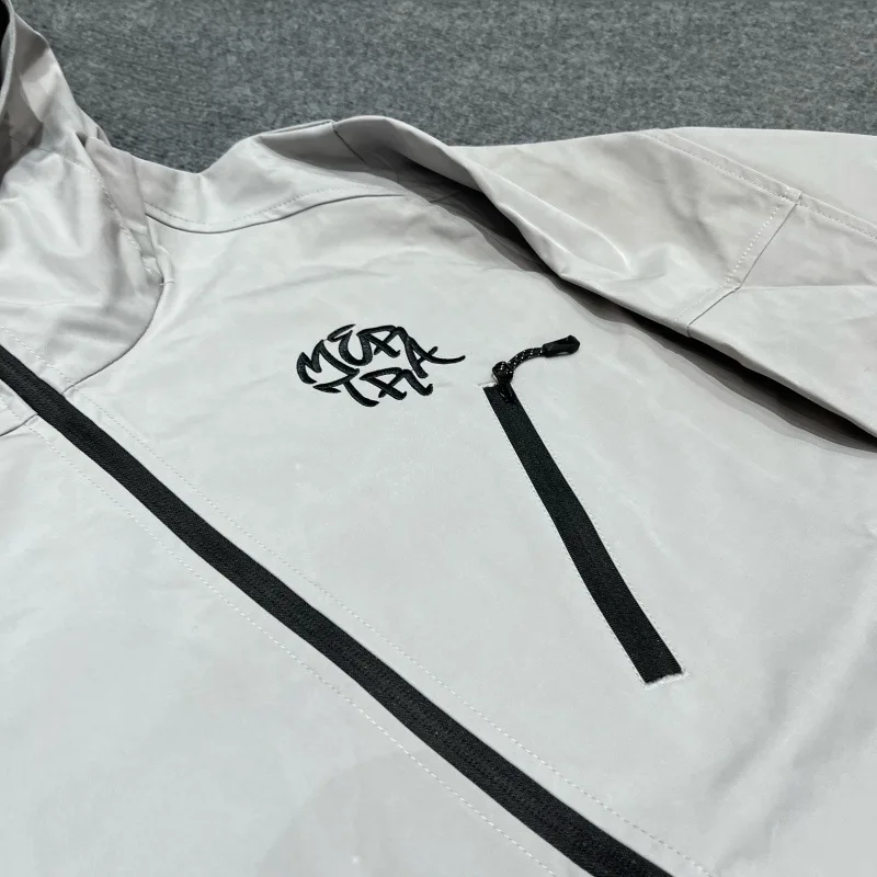 Men's Embroidered Waterproof Windbreaker Jacket Hooded Pocket Outdoor Hiking Full Zip Jacket Streetwear Casual Pullover Coat