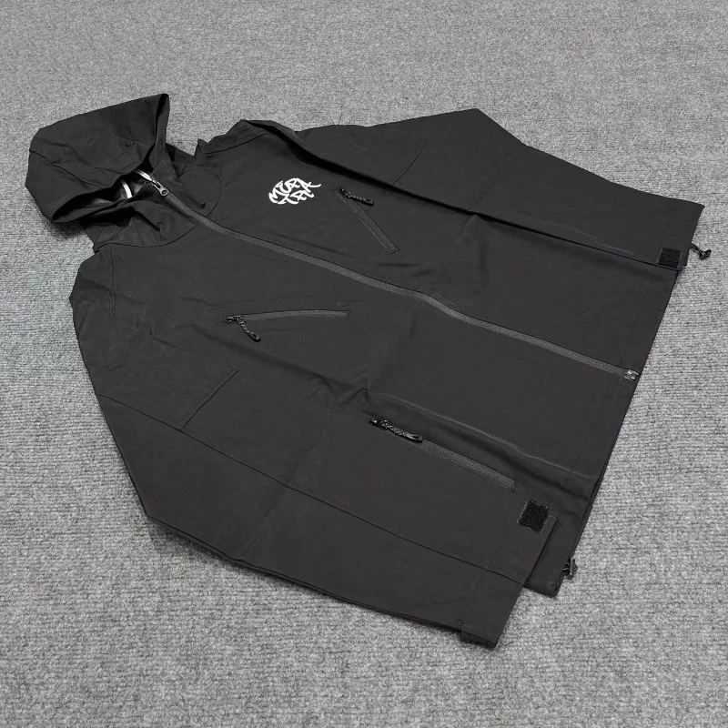 Men's Embroidered Waterproof Windbreaker Jacket Hooded Pocket Outdoor Hiking Full Zip Jacket Streetwear Casual Pullover Coat