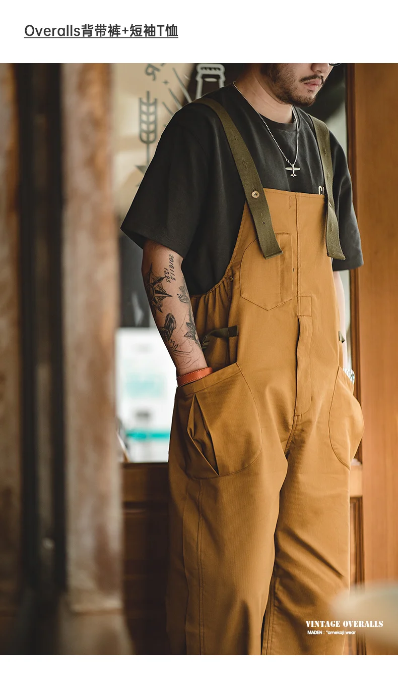 Maden Workwear American Retro Strap Pants Loose Straight Barrel Amekaji Casual One Piece Sling Long Pants Men's Fashion
