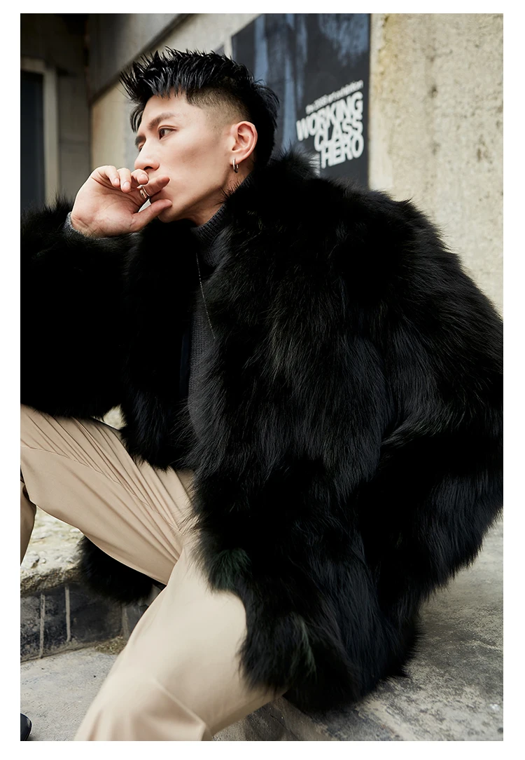 Furry Stand Collar Oversized Thicken Winter Coat Men Warm Windproof Trendy Solid Parkas Faux Fur Outerwear Luxury Casual Jacket