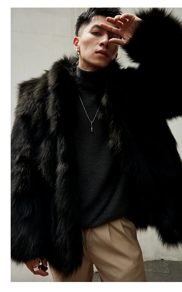 Furry Stand Collar Oversized Thicken Winter Coat Men Warm Windproof Trendy Solid Parkas Faux Fur Outerwear Luxury Casual Jacket