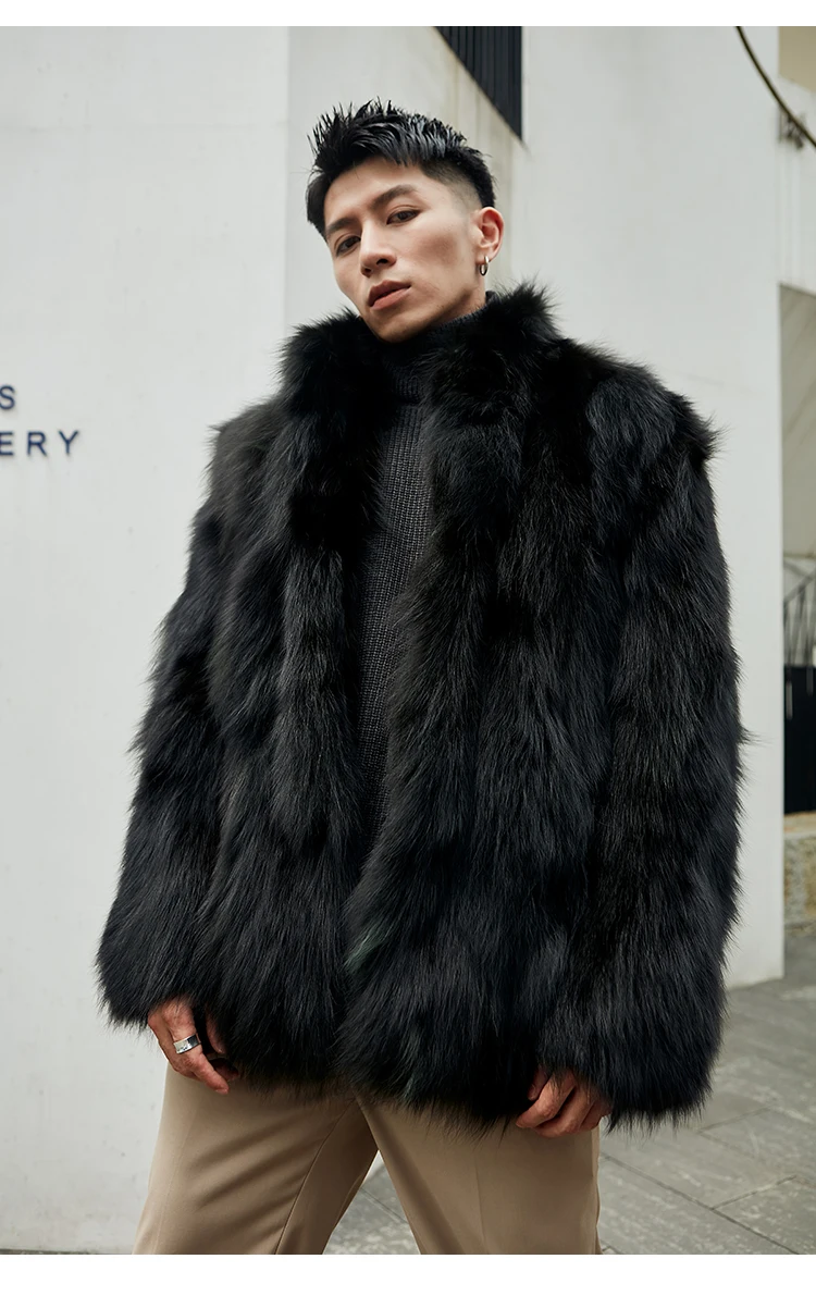 Furry Stand Collar Oversized Thicken Winter Coat Men Warm Windproof Trendy Solid Parkas Faux Fur Outerwear Luxury Casual Jacket