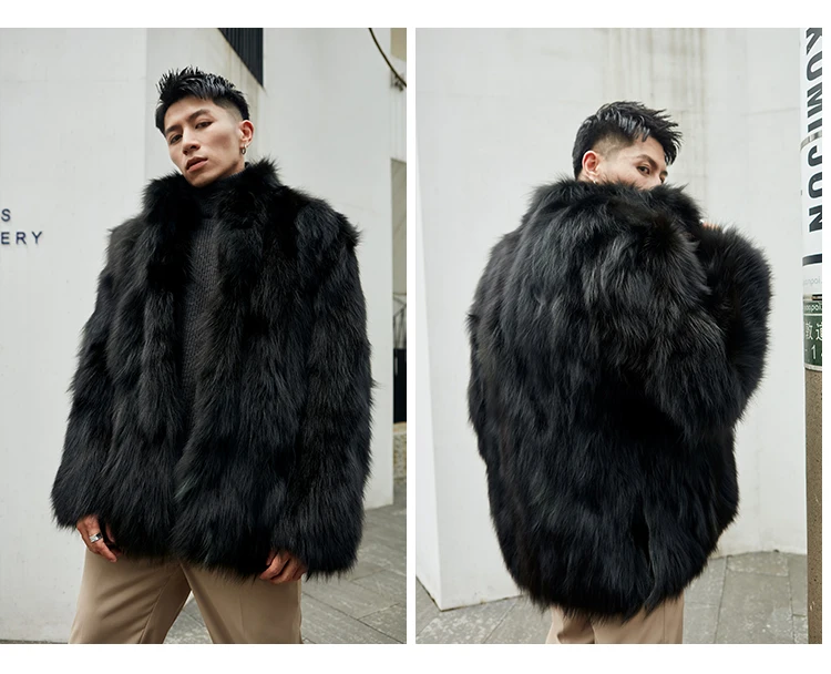 Furry Stand Collar Oversized Thicken Winter Coat Men Warm Windproof Trendy Solid Parkas Faux Fur Outerwear Luxury Casual Jacket