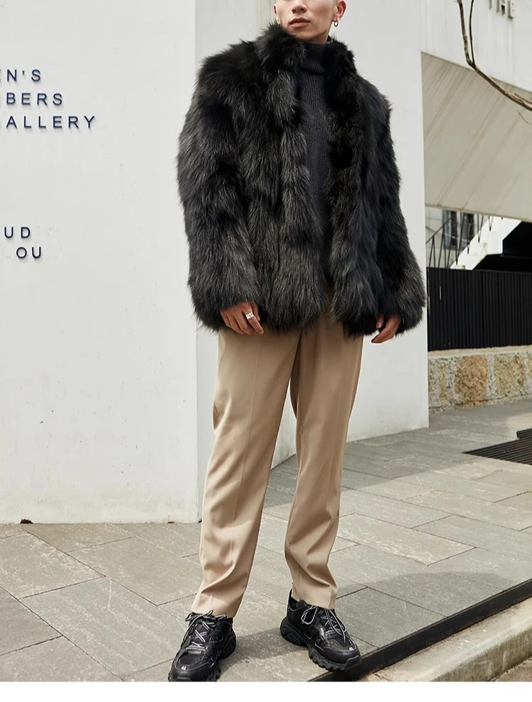 Furry Stand Collar Oversized Thicken Winter Coat Men Warm Windproof Trendy Solid Parkas Faux Fur Outerwear Luxury Casual Jacket