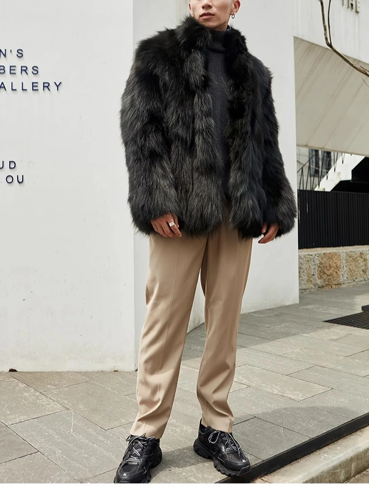 Furry Stand Collar Oversized Thicken Winter Coat Men Warm Windproof Trendy Solid Parkas Faux Fur Outerwear Luxury Casual Jacket