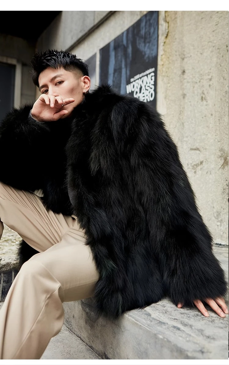 Furry Stand Collar Oversized Thicken Winter Coat Men Warm Windproof Trendy Solid Parkas Faux Fur Outerwear Luxury Casual Jacket