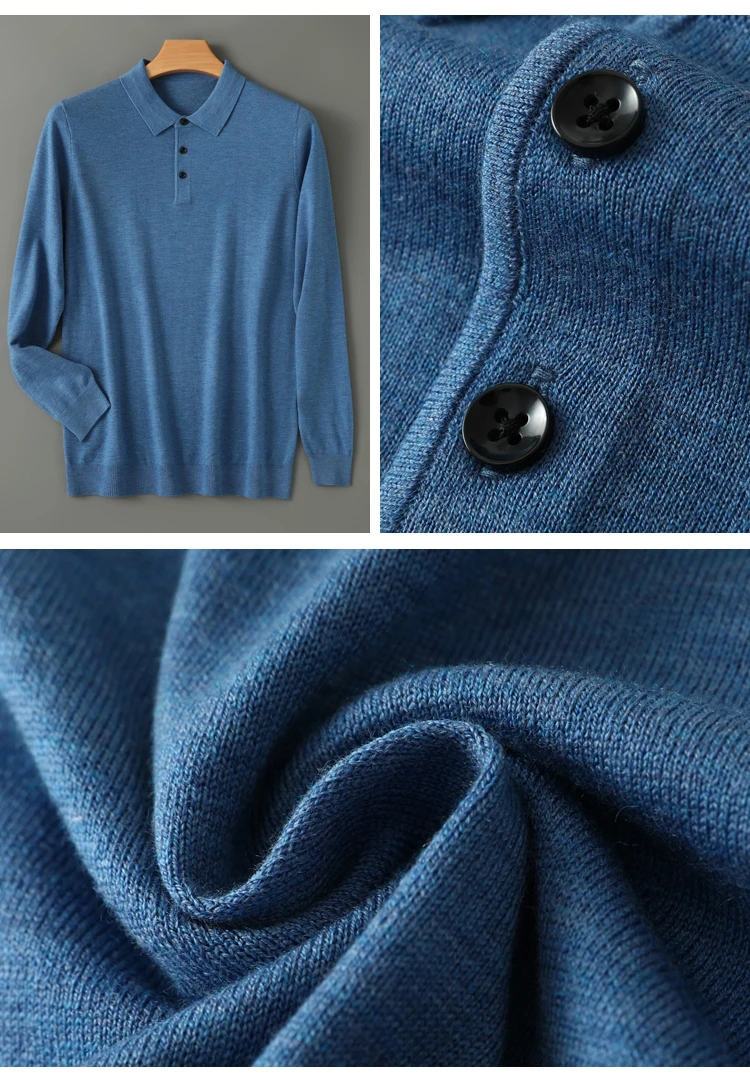 Spring Autumn Men Shirt Merino Worsted Wool Knitted Pullover Long Sleeve Polo-Collar Clothing Tops Smart Casual Thin Outerwears