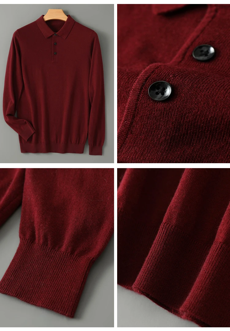 Spring Autumn Men Shirt Merino Worsted Wool Knitted Pullover Long Sleeve Polo-Collar Clothing Tops Smart Casual Thin Outerwears