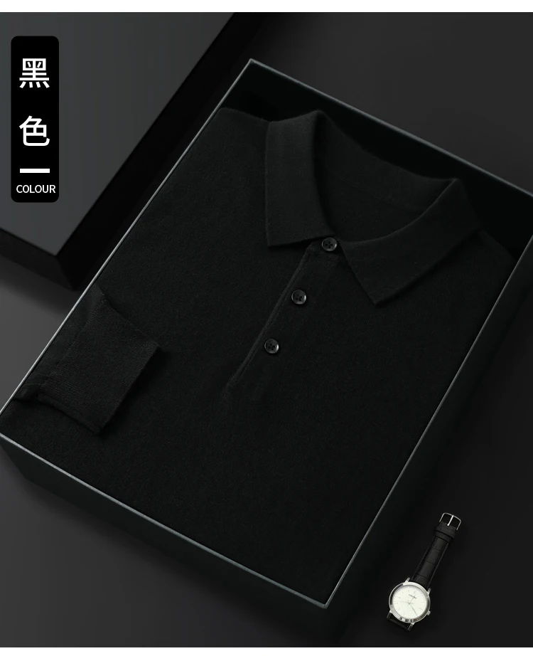 Spring Autumn Men Shirt Merino Worsted Wool Knitted Pullover Long Sleeve Polo-Collar Clothing Tops Smart Casual Thin Outerwears