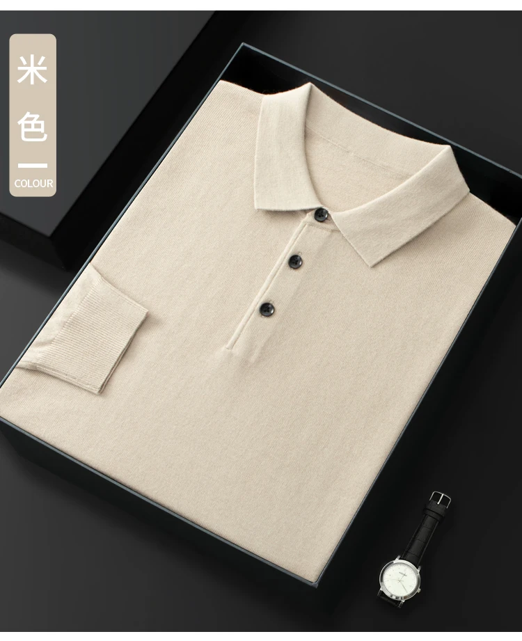 Spring Autumn Men Shirt Merino Worsted Wool Knitted Pullover Long Sleeve Polo-Collar Clothing Tops Smart Casual Thin Outerwears
