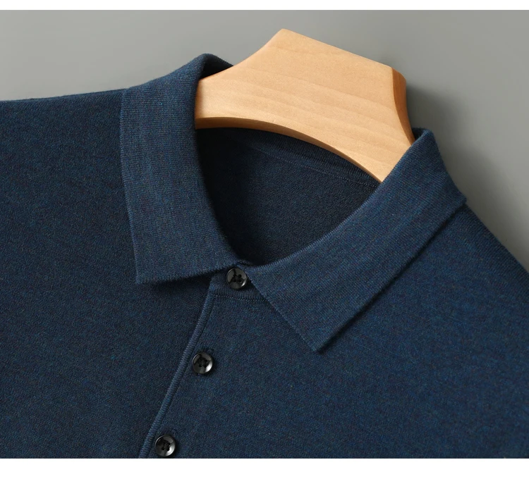 Spring Autumn Men Shirt Merino Worsted Wool Knitted Pullover Long Sleeve Polo-Collar Clothing Tops Smart Casual Thin Outerwears