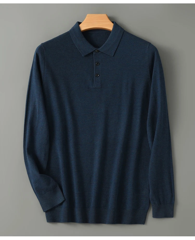 Spring Autumn Men Shirt Merino Worsted Wool Knitted Pullover Long Sleeve Polo-Collar Clothing Tops Smart Casual Thin Outerwears