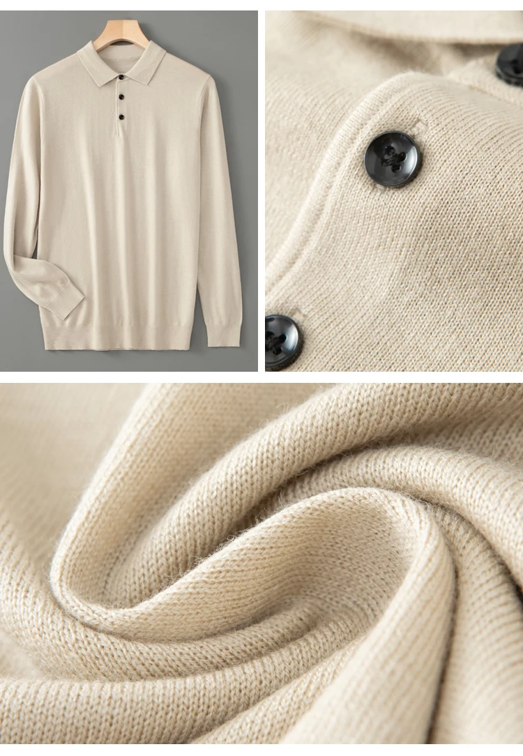 Spring Autumn Men Shirt Merino Worsted Wool Knitted Pullover Long Sleeve Polo-Collar Clothing Tops Smart Casual Thin Outerwears