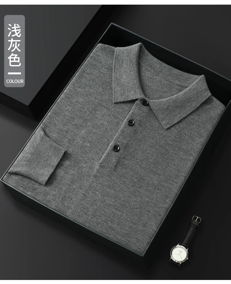 Spring Autumn Men Shirt Merino Worsted Wool Knitted Pullover Long Sleeve Polo-Collar Clothing Tops Smart Casual Thin Outerwears