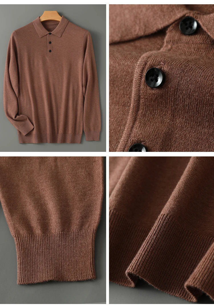 Spring Autumn Men Shirt Merino Worsted Wool Knitted Pullover Long Sleeve Polo-Collar Clothing Tops Smart Casual Thin Outerwears