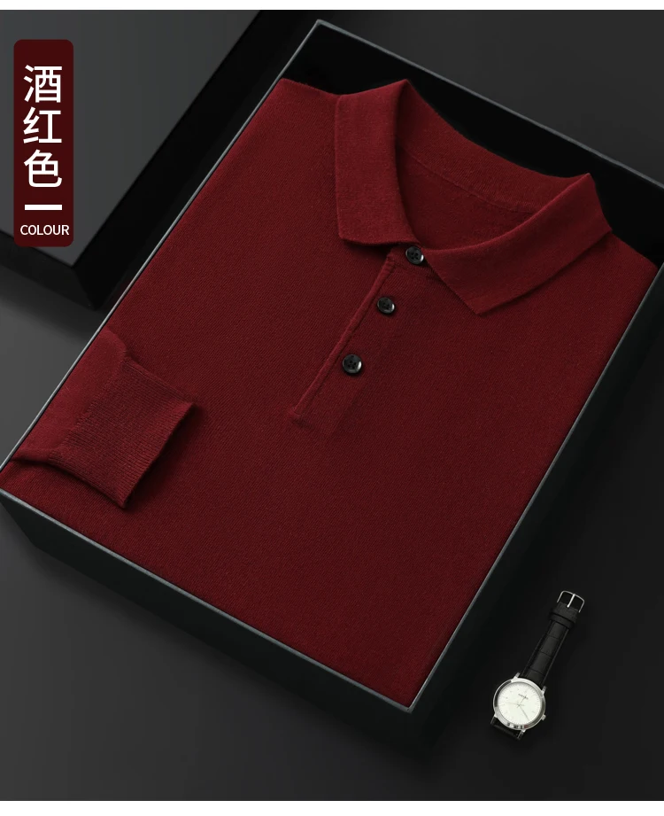 Spring Autumn Men Shirt Merino Worsted Wool Knitted Pullover Long Sleeve Polo-Collar Clothing Tops Smart Casual Thin Outerwears