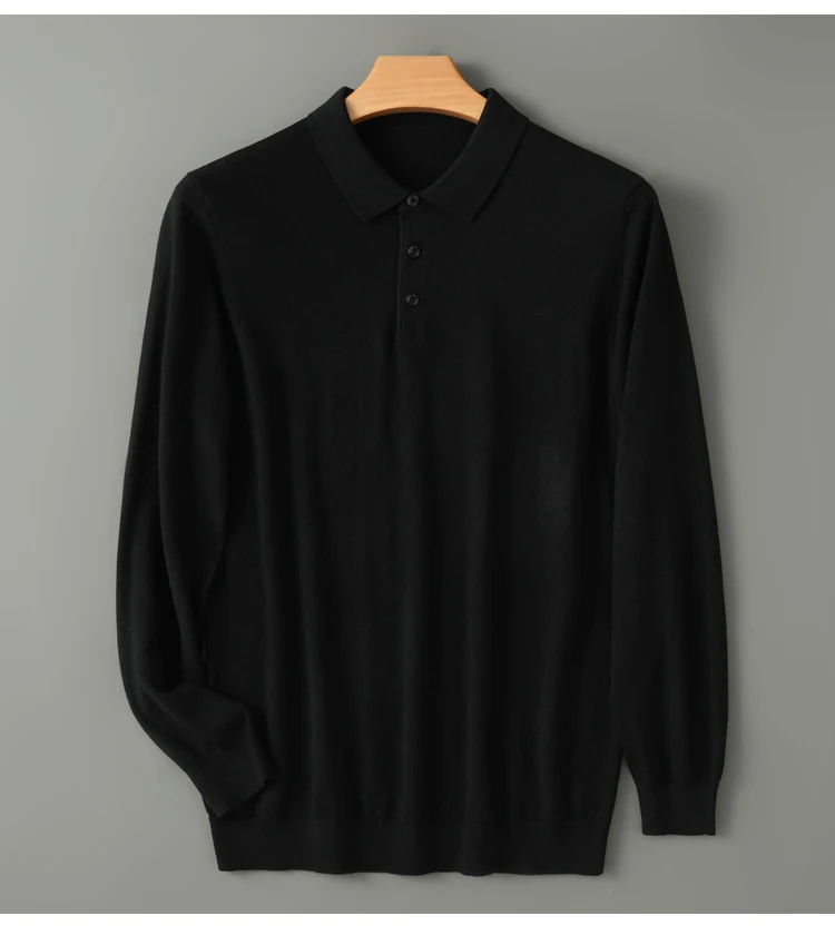 Spring Autumn Men Shirt Merino Worsted Wool Knitted Pullover Long Sleeve Polo-Collar Clothing Tops Smart Casual Thin Outerwears