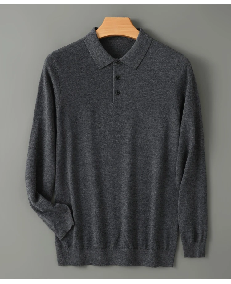 Spring Autumn Men Shirt Merino Worsted Wool Knitted Pullover Long Sleeve Polo-Collar Clothing Tops Smart Casual Thin Outerwears