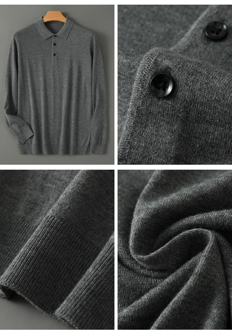Spring Autumn Men Shirt Merino Worsted Wool Knitted Pullover Long Sleeve Polo-Collar Clothing Tops Smart Casual Thin Outerwears