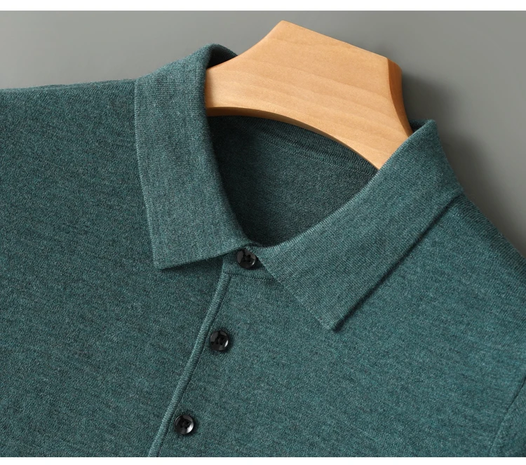 Spring Autumn Men Shirt Merino Worsted Wool Knitted Pullover Long Sleeve Polo-Collar Clothing Tops Smart Casual Thin Outerwears