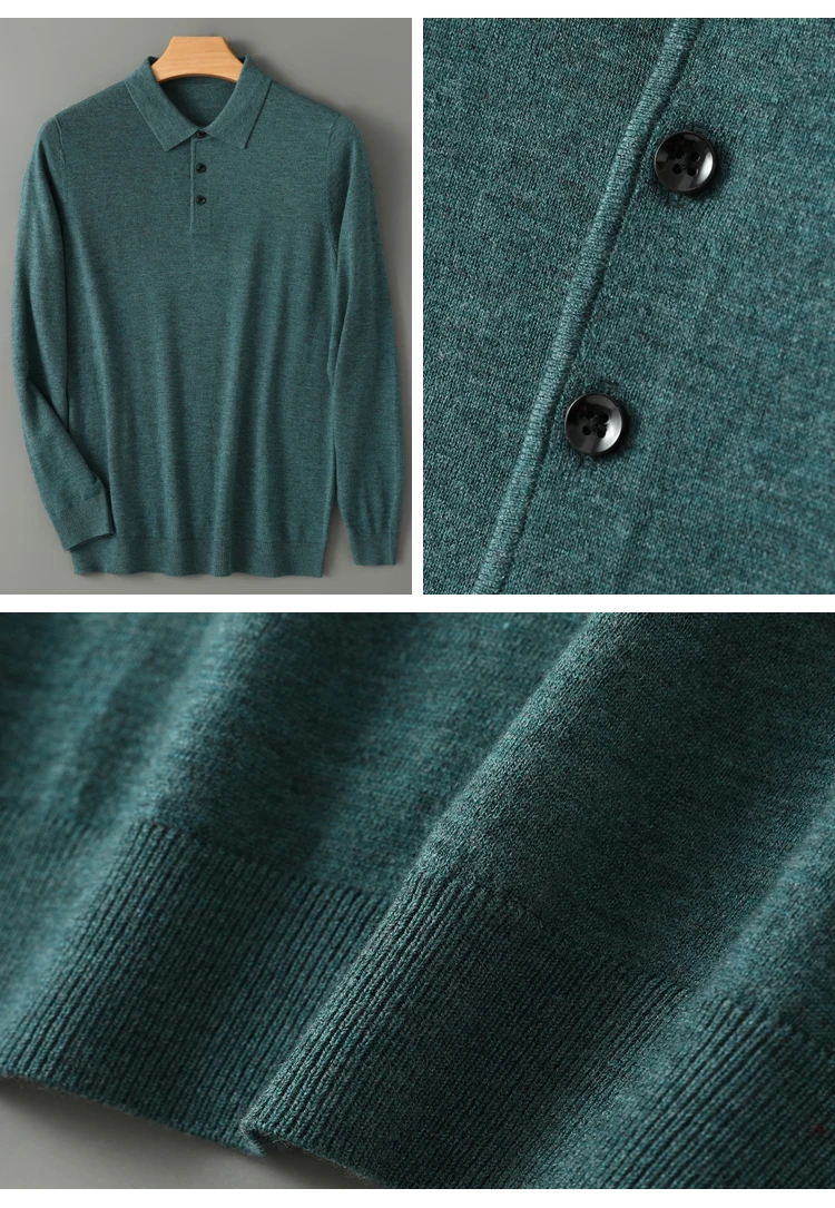 Spring Autumn Men Shirt Merino Worsted Wool Knitted Pullover Long Sleeve Polo-Collar Clothing Tops Smart Casual Thin Outerwears