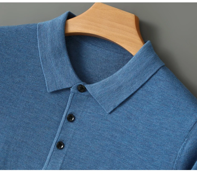Spring Autumn Men Shirt Merino Worsted Wool Knitted Pullover Long Sleeve Polo-Collar Clothing Tops Smart Casual Thin Outerwears