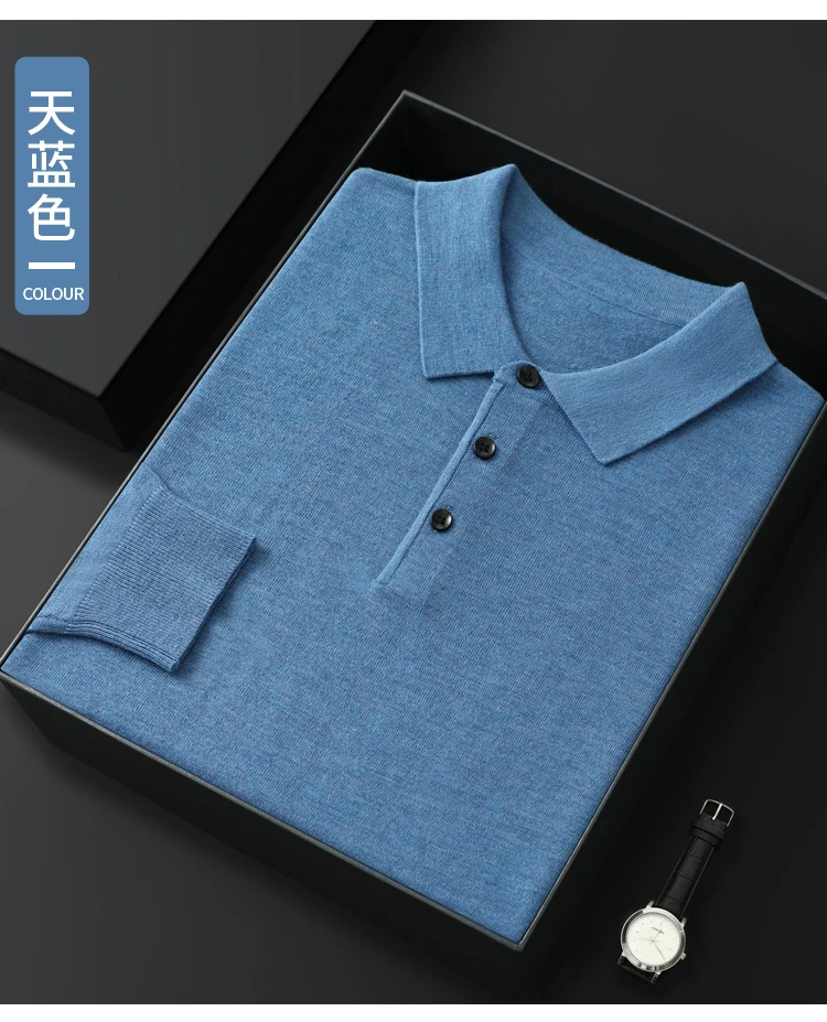 Spring Autumn Men Shirt Merino Worsted Wool Knitted Pullover Long Sleeve Polo-Collar Clothing Tops Smart Casual Thin Outerwears
