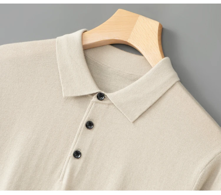 Spring Autumn Men Shirt Merino Worsted Wool Knitted Pullover Long Sleeve Polo-Collar Clothing Tops Smart Casual Thin Outerwears