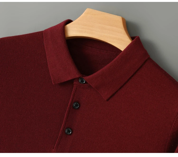 Spring Autumn Men Shirt Merino Worsted Wool Knitted Pullover Long Sleeve Polo-Collar Clothing Tops Smart Casual Thin Outerwears