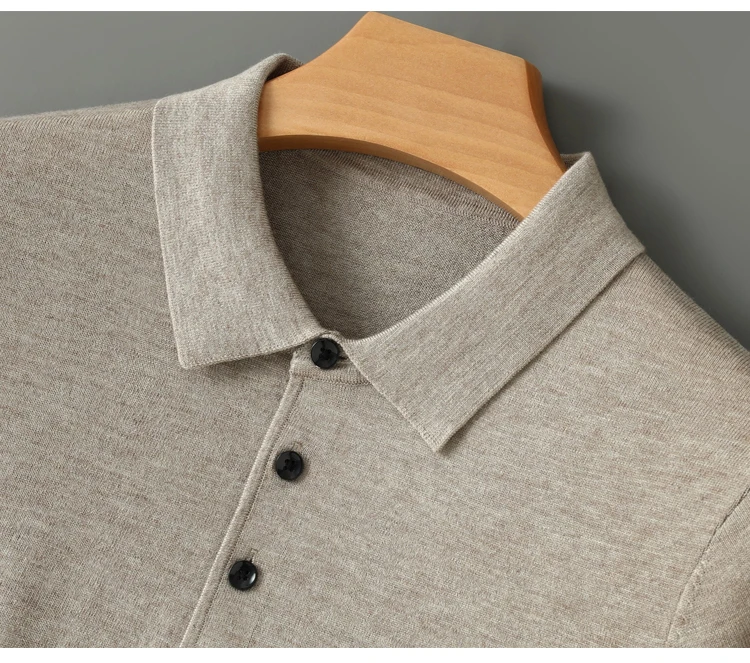 Spring Autumn Men Shirt Merino Worsted Wool Knitted Pullover Long Sleeve Polo-Collar Clothing Tops Smart Casual Thin Outerwears