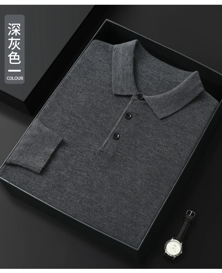 Spring Autumn Men Shirt Merino Worsted Wool Knitted Pullover Long Sleeve Polo-Collar Clothing Tops Smart Casual Thin Outerwears