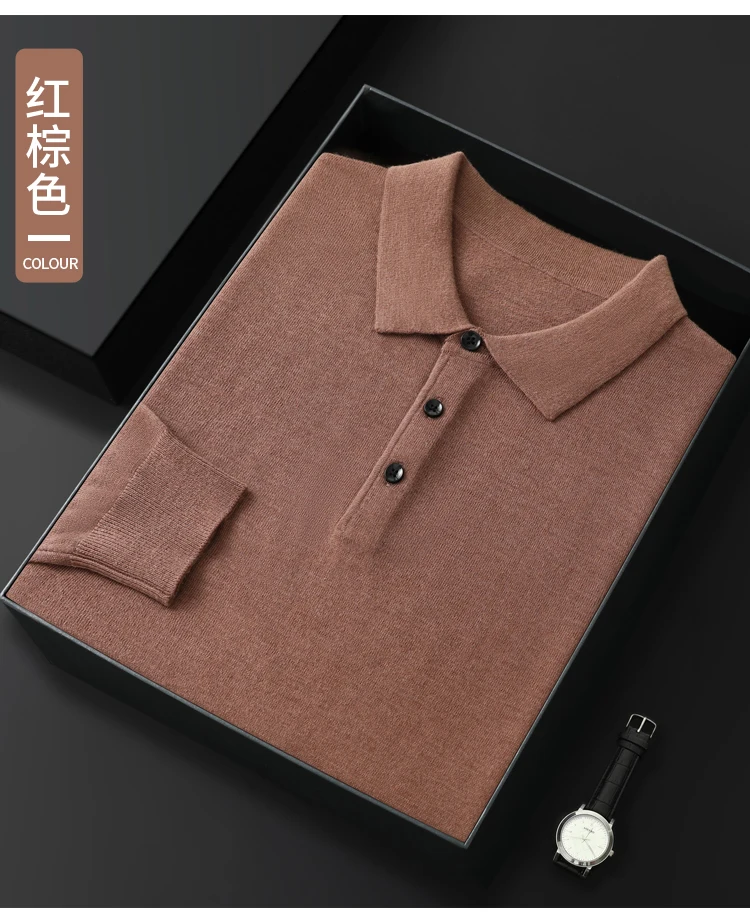 Spring Autumn Men Shirt Merino Worsted Wool Knitted Pullover Long Sleeve Polo-Collar Clothing Tops Smart Casual Thin Outerwears