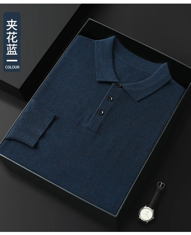Spring Autumn Men Shirt Merino Worsted Wool Knitted Pullover Long Sleeve Polo-Collar Clothing Tops Smart Casual Thin Outerwears