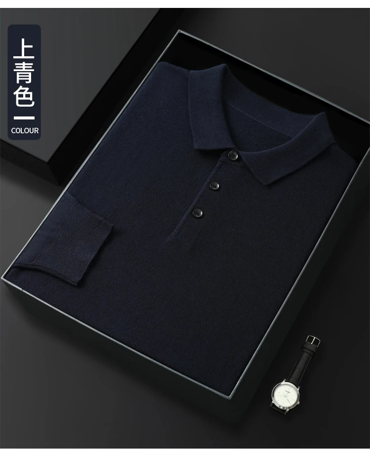 Spring Autumn Men Shirt Merino Worsted Wool Knitted Pullover Long Sleeve Polo-Collar Clothing Tops Smart Casual Thin Outerwears