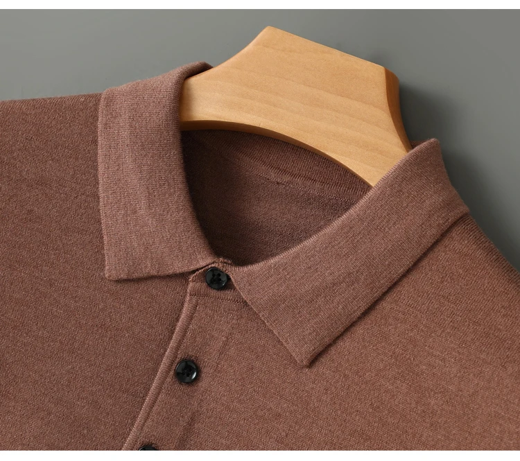 Spring Autumn Men Shirt Merino Worsted Wool Knitted Pullover Long Sleeve Polo-Collar Clothing Tops Smart Casual Thin Outerwears