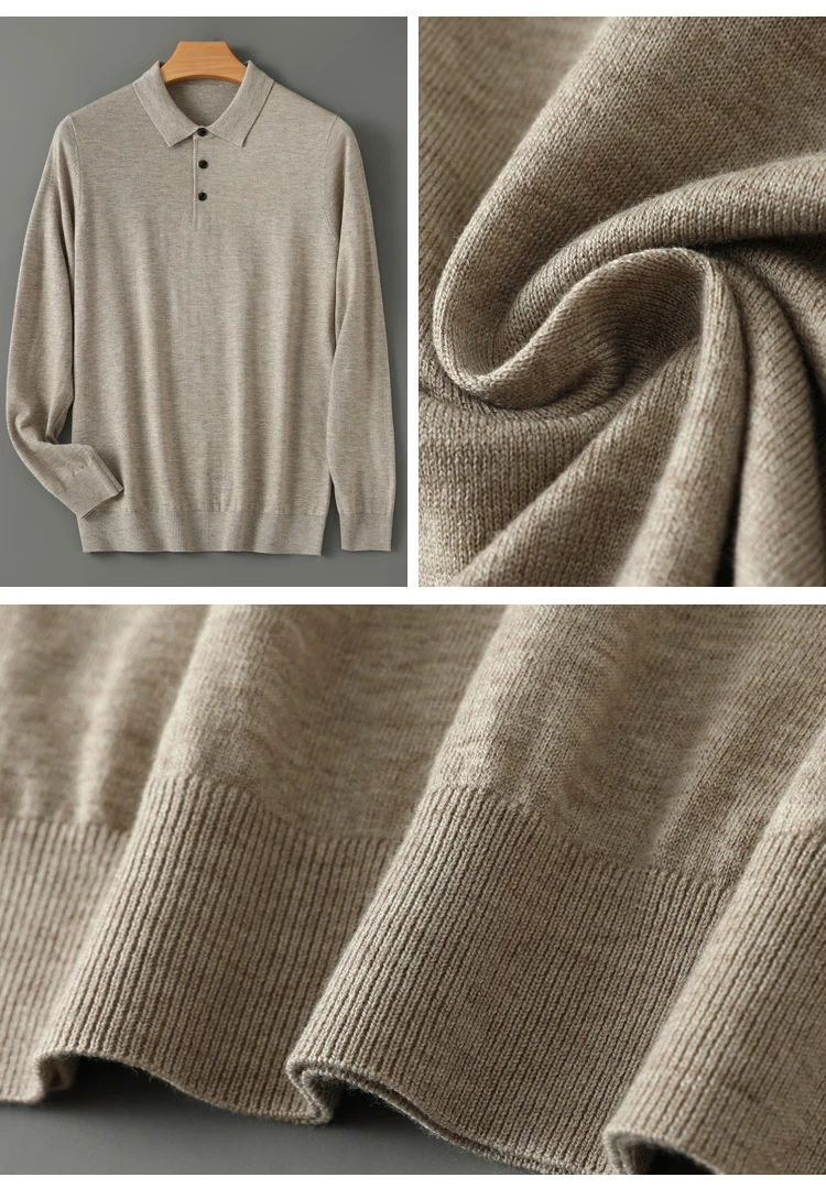Spring Autumn Men Shirt Merino Worsted Wool Knitted Pullover Long Sleeve Polo-Collar Clothing Tops Smart Casual Thin Outerwears