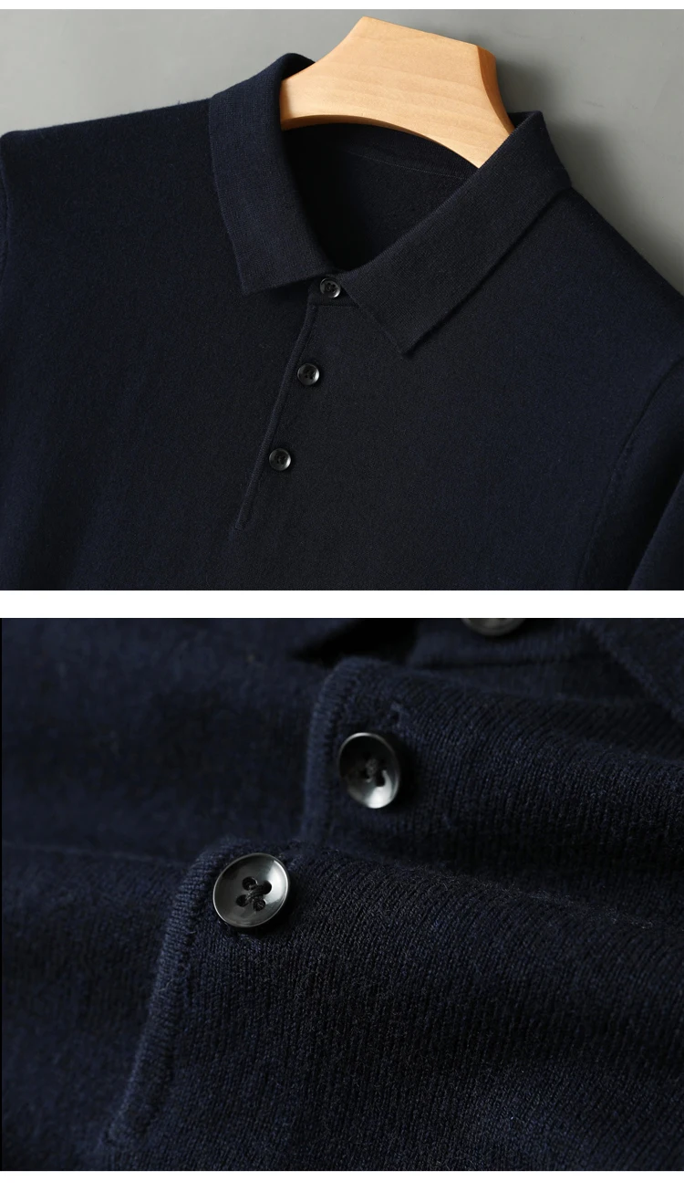 Spring Autumn Men Shirt Merino Worsted Wool Knitted Pullover Long Sleeve Polo-Collar Clothing Tops Smart Casual Thin Outerwears