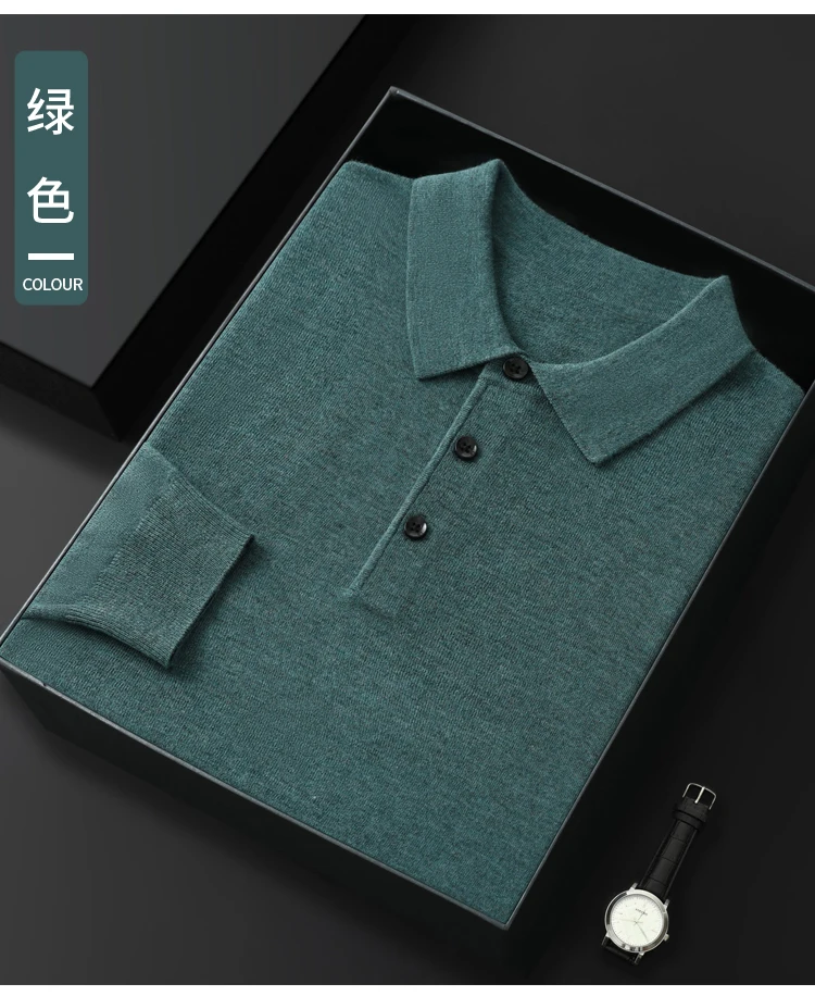 Spring Autumn Men Shirt Merino Worsted Wool Knitted Pullover Long Sleeve Polo-Collar Clothing Tops Smart Casual Thin Outerwears