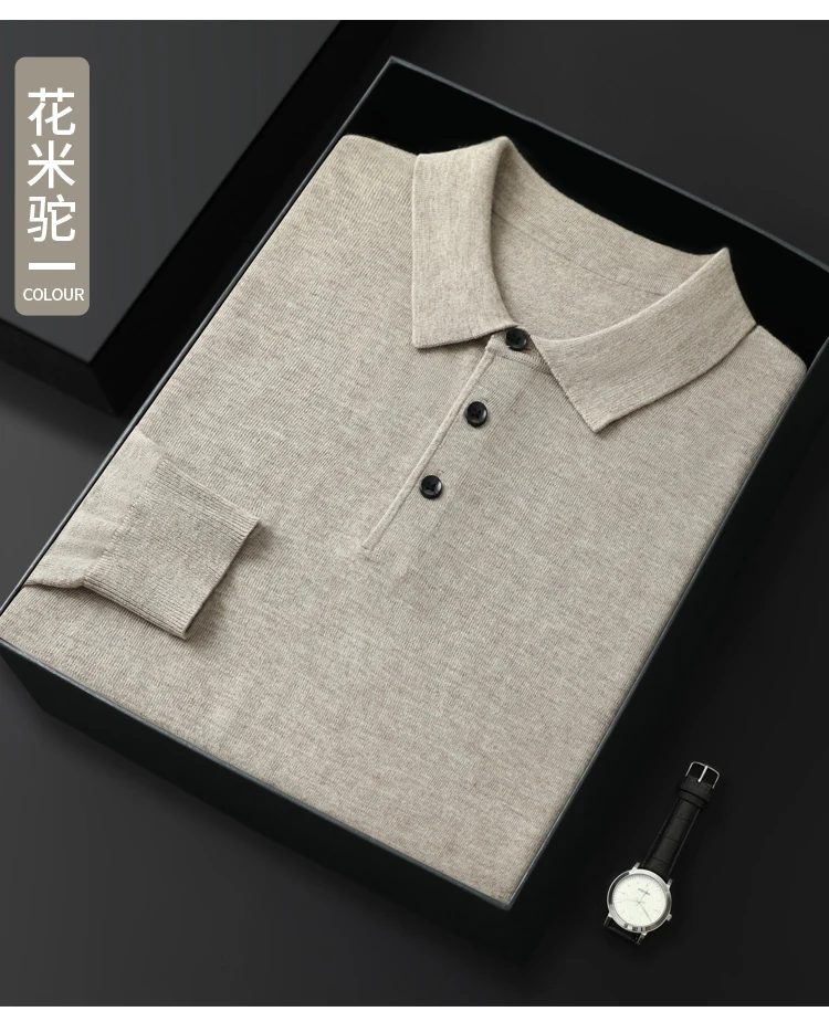 Spring Autumn Men Shirt Merino Worsted Wool Knitted Pullover Long Sleeve Polo-Collar Clothing Tops Smart Casual Thin Outerwears
