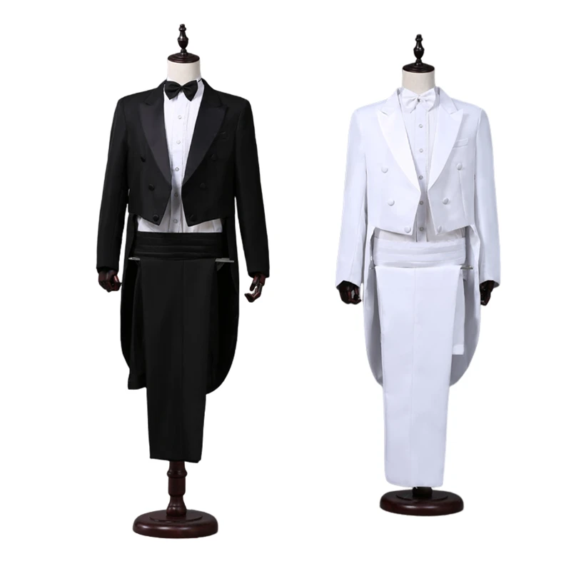 Tailcoat Suits Men Vest Jacket White Tail Coat Chorus Tuxedo Floral Stage Costume Singer Performer Magician Host Outfits
