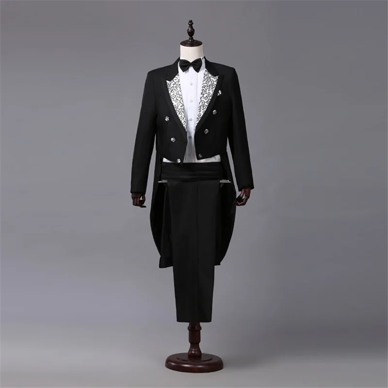 Tailcoat Suits Men Vest Jacket White Tail Coat Chorus Tuxedo Floral Stage Costume Singer Performer Magician Host Outfits