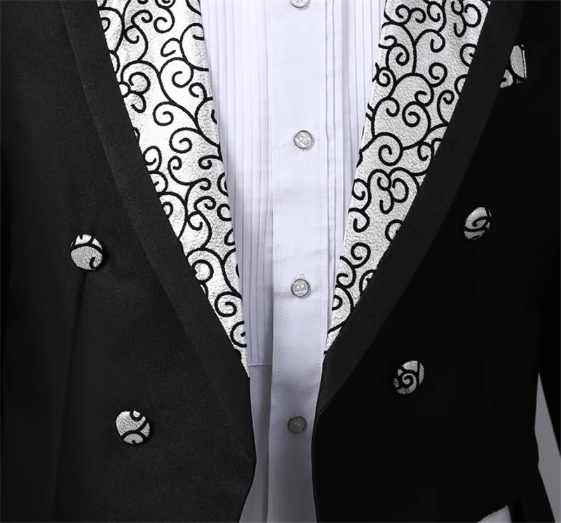 Tailcoat Suits Men Vest Jacket White Tail Coat Chorus Tuxedo Floral Stage Costume Singer Performer Magician Host Outfits