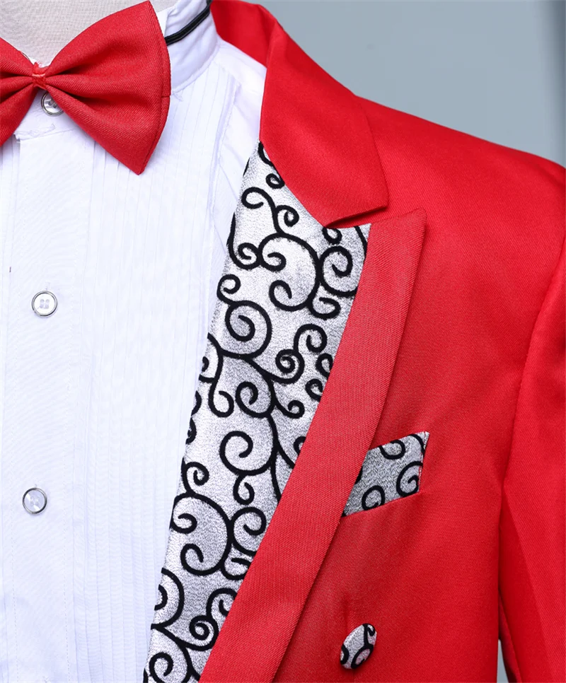 Tailcoat Suits Men Vest Jacket White Tail Coat Chorus Tuxedo Floral Stage Costume Singer Performer Magician Host Outfits